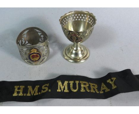 An RMS Ascania Enamel Mounted Napkin Ring, HMS Renown Egg Cup and a HMS Murray Cap Rippon 