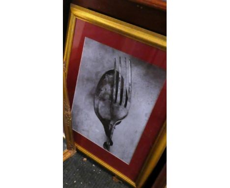 A Framed Print of Entwined Spoon and Fork and a Gilt Framed Mirror 