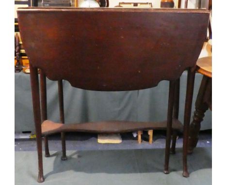 An Edwardian Mahogany Drop Leaf Sutherland Style Table with Stretcher Shelf by James Shoolbred and Co. 68cm Wide 