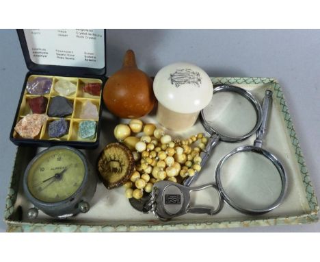 A Tray of Curios to Include Rolls Royce Keyring, Vintage Antler and Ivory Items, Two Magnifying Glasses, Box Collection of Mi