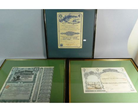 Three Framed Share Certificates, Russian General Oil, French Electricity and South American Shipping 