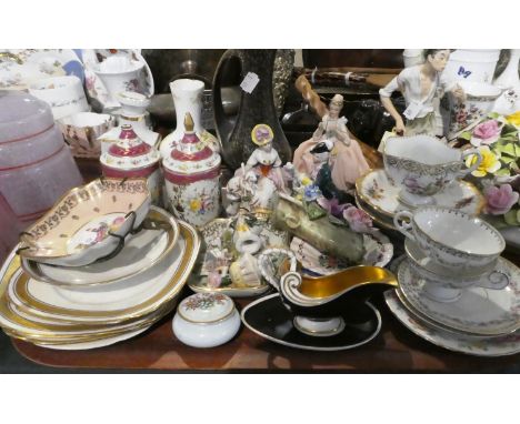 A Tray of Ceramics to Include Continental Ornaments and Dishes, Limoges Vases and Bottle, Cabinet Cups and Saucers 