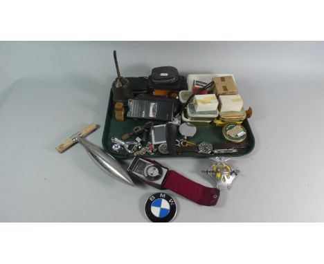 A Tray of Various Curios to Include Cigar Case, Hip Flask, Oil Can, AA Badge, Fasteners etc 