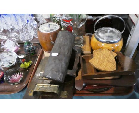 A Tray of Treenware to Include Tea Caddy, Biscuit Barrel, Letter Rack, Tankard, Inkstand, Photoframes etc 