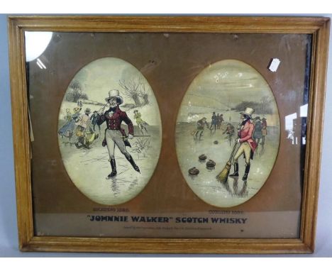 A Vintage Framed Advertising Johnnie Walker Scotch Whisky Print, Skating 1820, Curling 1820, 54cm Wide 