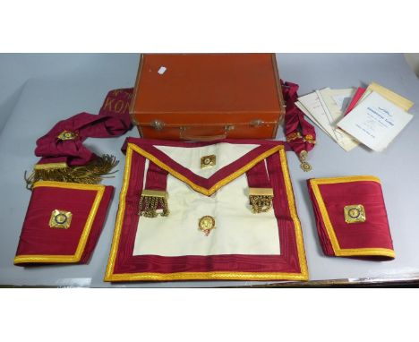 A Vintage Leather Case Containing Royal Ancient Order of Buffaloes Booklets, Apron, Cuffs, Sash etc 