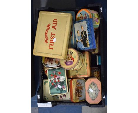 A Box Containing Vintage Tins and a First Aid Kit 