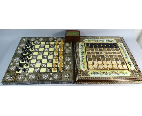 Two Oriental Folding Chess and Backgammon Boards, Together with a Vintage Boxed Set of Small Chess Pieces, King 6cm High 