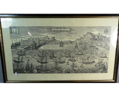 A Framed Print of Engraving of Lisbon Harbour, 59cm Wide 