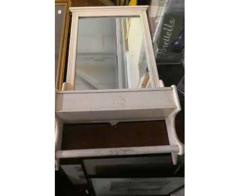 A White Painted Edwardian Wall Hanging Mirror with Glove Box and Towel Rail, 43cm Wide 
