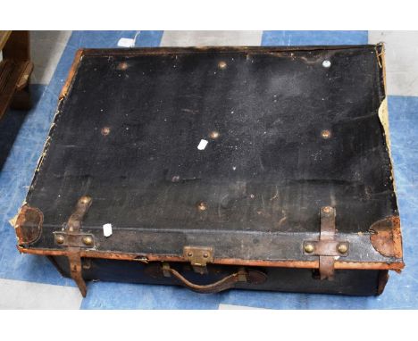 A Vintage Leather and Canvas Suitcase Containing Various Pictures and Prints 