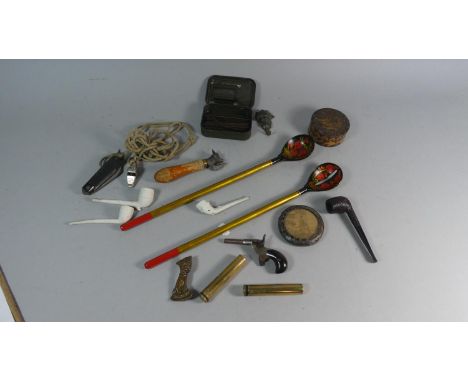 A Tray of Curios to Include a Pair of Russian Lacquered Long Handled Spoons, Vintage Penknife, Silver Mounted Circular Photo 