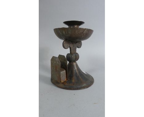 A Metal Arts and and Crafts Influenced Candle Stick with Matchbox Holder, 15cm High 