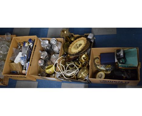 Four Boxes Containing Vintage Cameras, Brasswares, Stainless Steel Teawares, Large Quantity of Boxed and Loose Cutlery etc 