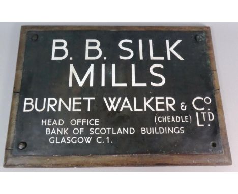 A Vintage Bronze Business Sign for BB Silk Mills, Burnet Walker and Co., Mounting on Wooden Wall Hanging Plinth, 46cm Wide 