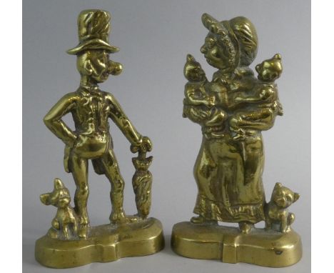 A Pair of Cast Brass Doorstops in the Form of Gent with Walking Stick and Lady Holding Twins, 28.5cm High 