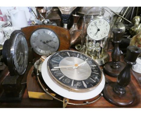 A Collection of Five Vintage Mantle and Wall Clocks, Pair of Turned Oak Candle Sticks etc 