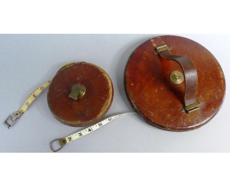 Two Vintage Leather Cased Tape Measures By Rabone, 100ft and 200ft 