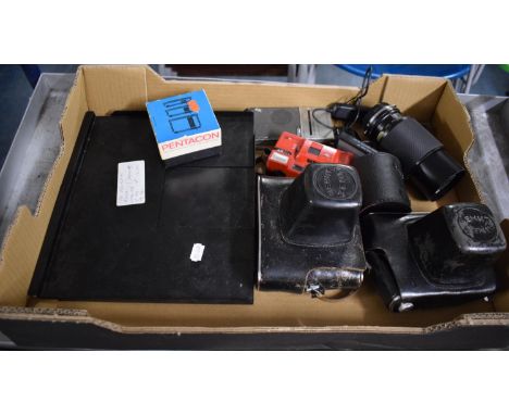 A Box Containing Various Vintage Photographic Ephemera, Telescopic Lens, 33mm Camera etc 