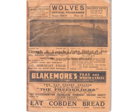 WOLVES / CHELSEA    Programme Wolverhampton Wanderers v Chelsea 1st April 1939 with replica outer cover. Light tear. Some sli