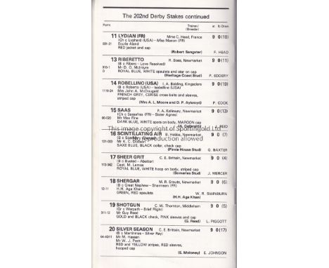 THE DERBY    Racecard for the Epsom Derby June 2nd 1981 won by Shergar ridden by Walter Swinburn. Unusually no writing. Light