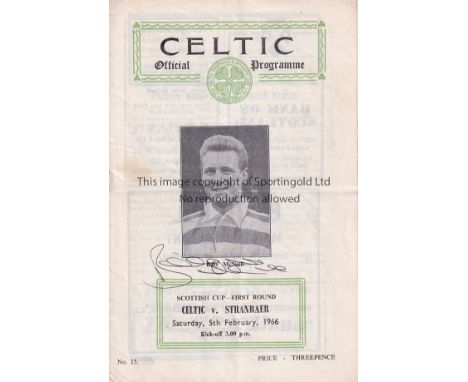 CELTIC - McNEILL 66  Celtic home programme v Stranraer, 5/2/66, Scottish Cup, cover picture of Billy McNeill and signed by hi