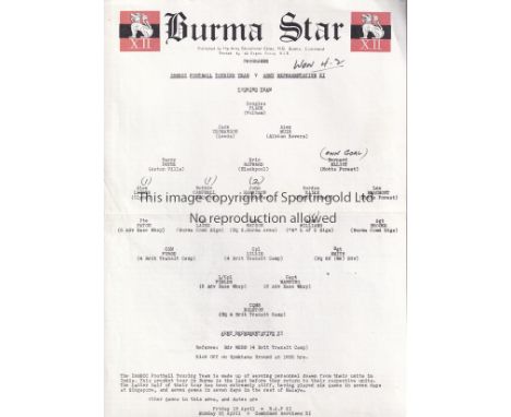 WARTIME FOOTBALL 1946       Single sheet programme on Burma Star letterhead for ISSECC Football Touring Team v Army Represent