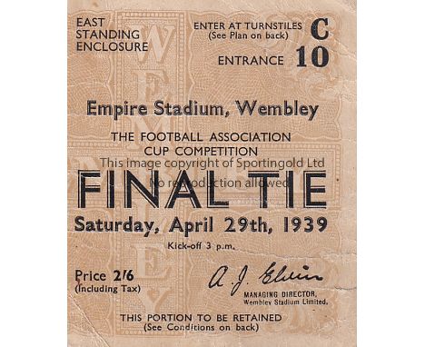 1939 CUP FINAL    Match ticket for 1939 Cup Final, Portsmouth v Wolves, minor Creases.    Fair-generally good