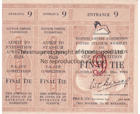 1924 CUP FINAL  Match ticket 1924 Cup Final, rather scarce because it has two counterfoils attached and appears to be unused.