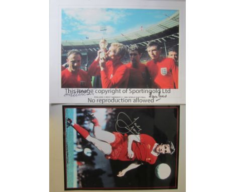 AUTOGRAPHED FOOTBALL PICTURES        A 17" X 19" colour picture of Bobby Moore kissing the World Cup trophy on the lap of hon