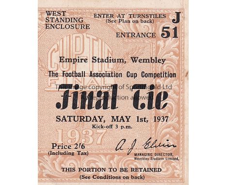 1937 CUP FINAL  Match ticket, 1937 Cup Final, standing ticket.   Good