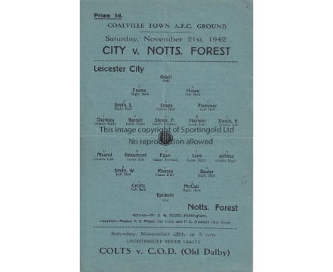 LEICESTER / NOTTINGHAM FOREST    Single sheet programme Leicester City v Nottingham Forest 21st November 1942 War League. Thi
