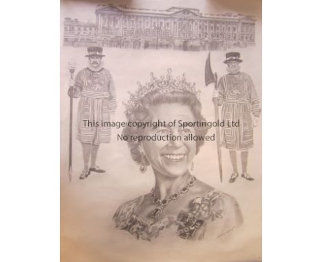 H.R.H. QUEEN ELIZABETH II      A 21" X 17" black &amp; white portrait print showing the Queen underneath Buckingham Palace an