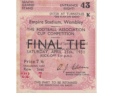 1931 CUP FINAL    Match ticket 1931 Cup Final, Grand Stand Seat.    Good