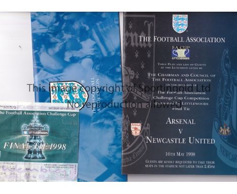 1998 FA CUP FINAL       Several items relating to the Arsenal v Newcastle United match at Wembley. A Table Plan for the Lunch