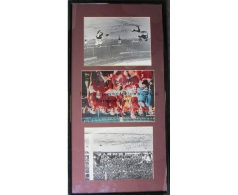 ENGLAND 1966 WORLD CUP AUTOGRAPHS      A 26" X 13" framed and glazed mount with 3 9" X 7" signed photographs. The top black &