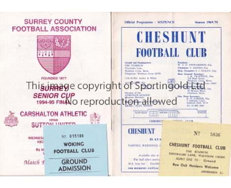 FOOTBALL PROGRAMMES &amp; TICKETS     Twenty two items Cheshunt v Braintree &amp; Crittall Ath. 69/70, 1995 Surrey Cup Final,