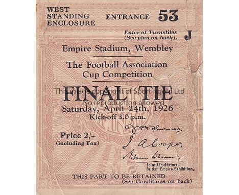 1926 CUP FINAL   Match ticket 1926 Cup Final, West Standing Enclosure, slight tears to edge with tape repair along back side 