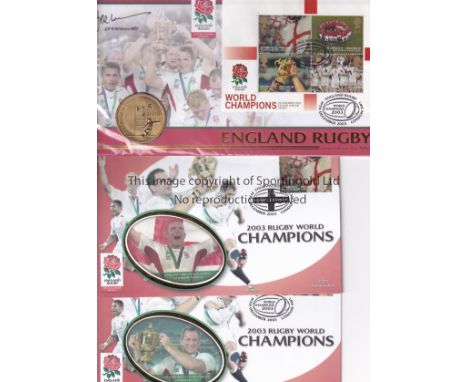 ENGLAND 2003 RUGBY WORLD CUP      Eight first day covers with British stamps and including one  glazed and framed with a Cert