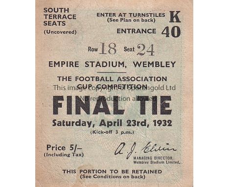 1932 CUP FINAL      Match ticket 1932 Cup Final, South Terrace Seats, slight crease.  Generally good