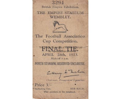 1923 CUP FINAL   Match ticket, 1923 Cup Final, North Standing Reserved Enclosure. Minor folds.  Fair-generally good
