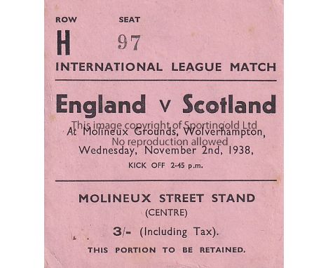 INTER - LEAGUE 1938   Match ticket, English League v Scottish League, 2/11/1938 at Molineux, Wolves.  Reserved seat ticket.  