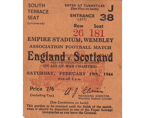 ENGLAND - SCOTLAND 44   Match ticket, England v Scotland, 19/2/44 at Wembley. Terrace seat.   Generally good
