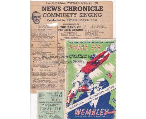 1948 CUP FINAL  Official programme, match ticket and songsheet, 1948 Cup Final, Blackpool v Man Utd, programme has number on 