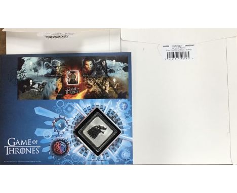 Royal Mint &amp; Royal Mail Game of Thrones Silver medal (39.40g) first day cover of the Ice Wolf and Fire Dragon (fire drago