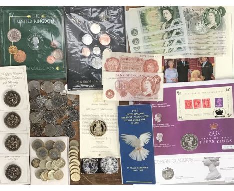 Collection of Royal Mint BU coins in Original folders Silver Commemorative Coins, Bank of England £1 &amp; 10 Shilling notes 