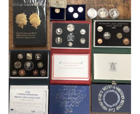 Royal Mint Proof Year sets of 1972, 1982, 1999, St. Helena &amp; Ascension First coinage 1984 Proof set, New Zealand 1990 Pro