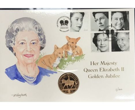 Royal Mint 2002 22ct Gold £5 Coin in a hand painted&nbsp;envelope by the artist Christian Ellingham limited edition First Day