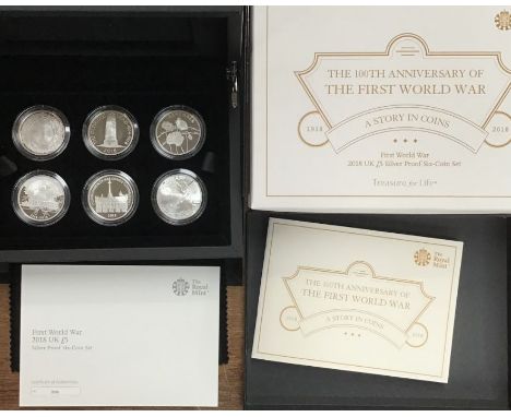 Royal Mint 2018 Silver Proof First World War set of six £5 Coins in Original Case with Certificate of Authenticity.