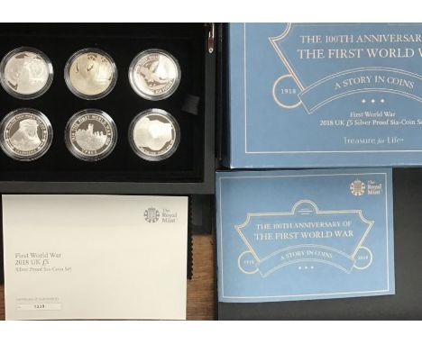 Royal Mint 2018 Silver Proof First World War set of six £5 Coins in Original Case with Certificate of Authenticity.